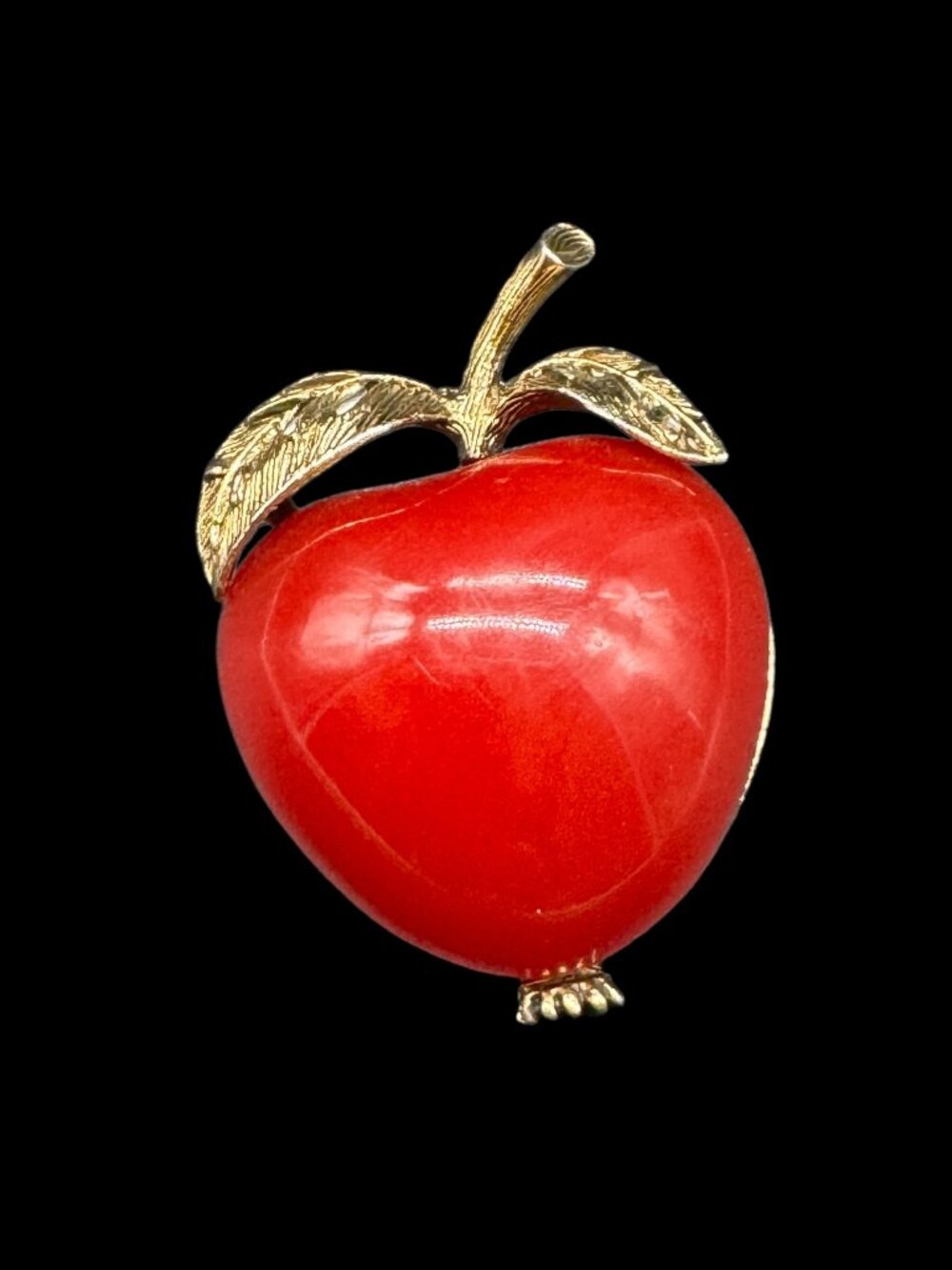 Vintage Red Apple Brooch Gold Tone Metal and Glass or Resin